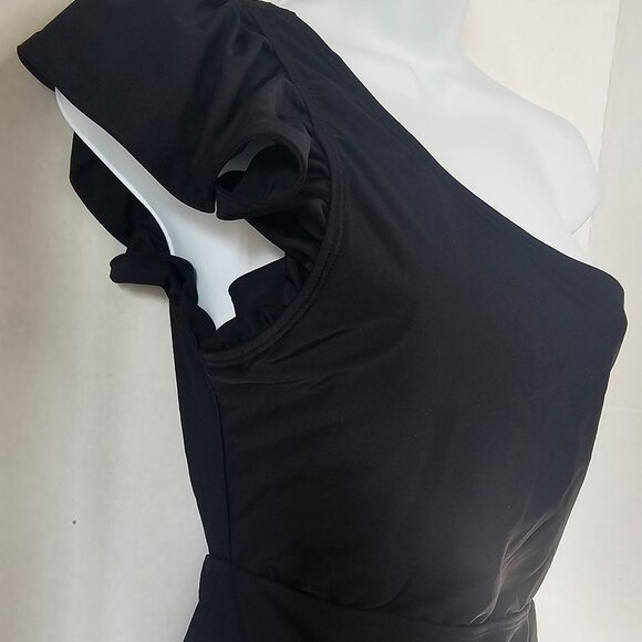 Black One Shoulder Ruffle 1 PC Clasp Back Cheeky Back SZ M - Picture 2 of 4
